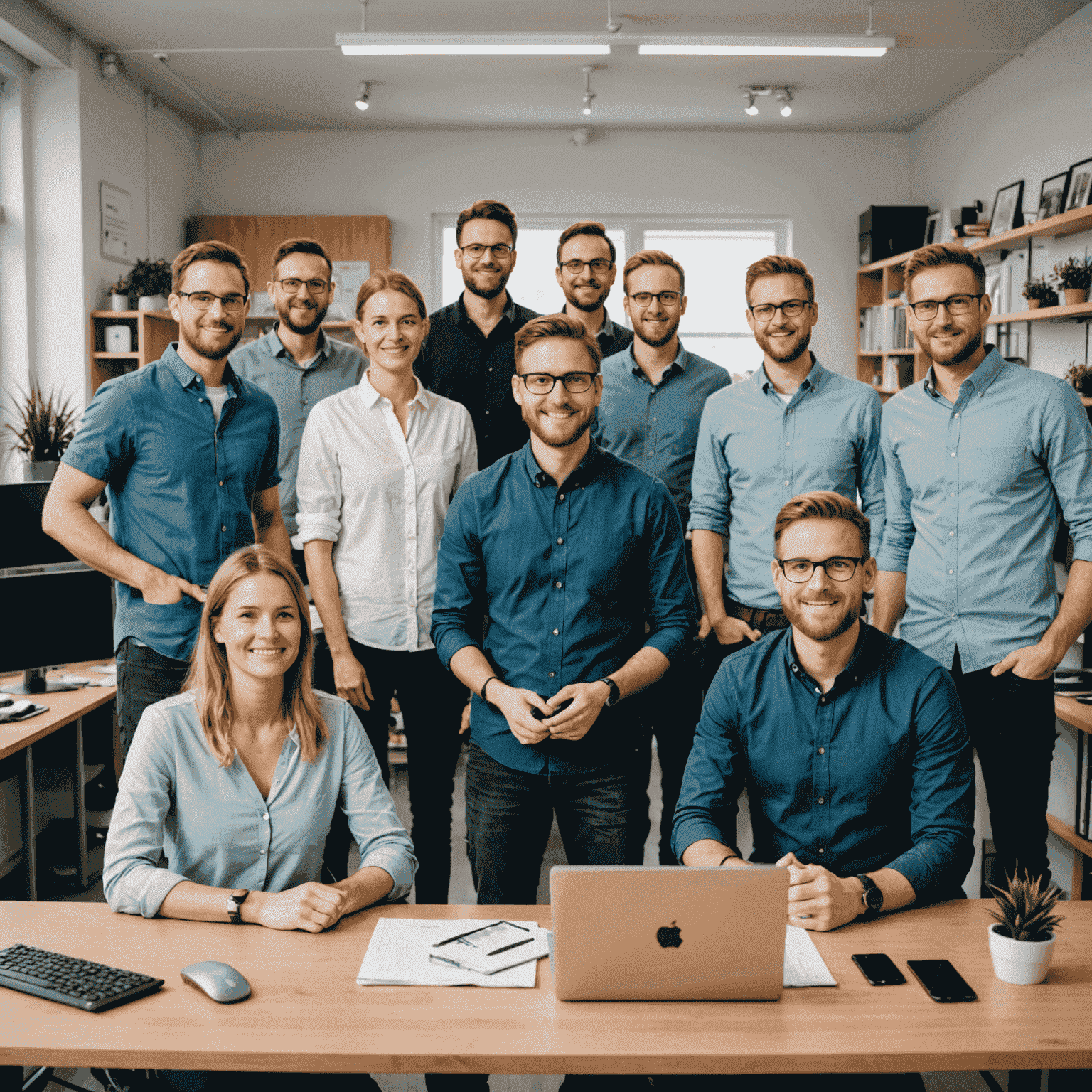 Ein Bild, das das zevehai-Team in ihrem deutschen Büro zeigt, umgeben von Computern und Web-Design-Projekten