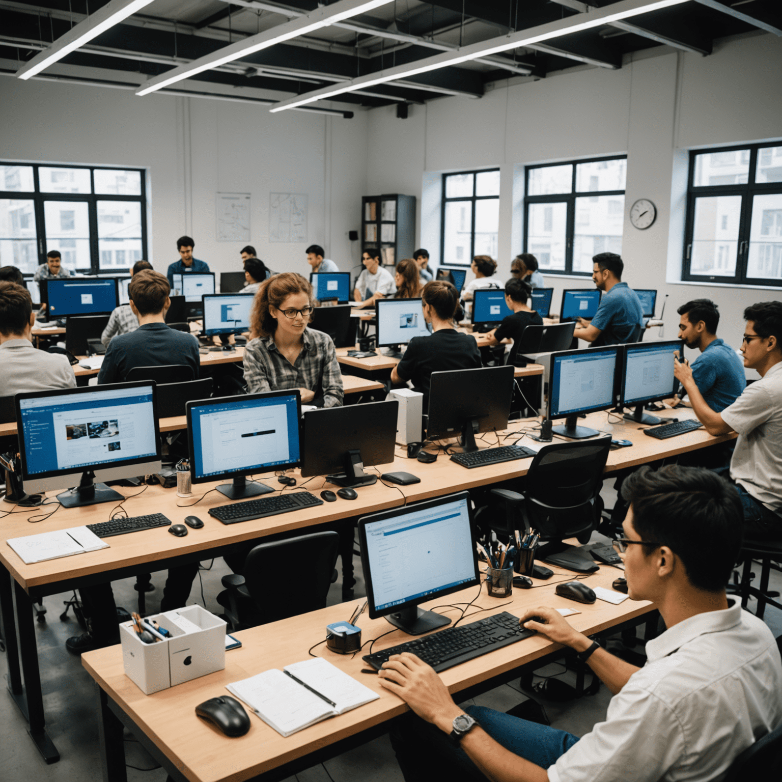 Ein Bild eines Webdesign-Workshops bei zevehai, das Studenten zeigt, die an Computern arbeiten und von Lehrern angeleitet werden